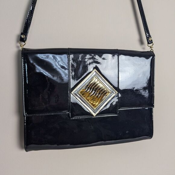 Vintage Envelope clutch Patent leather Extra large 80s shoulder bag - Picture 2 of 8